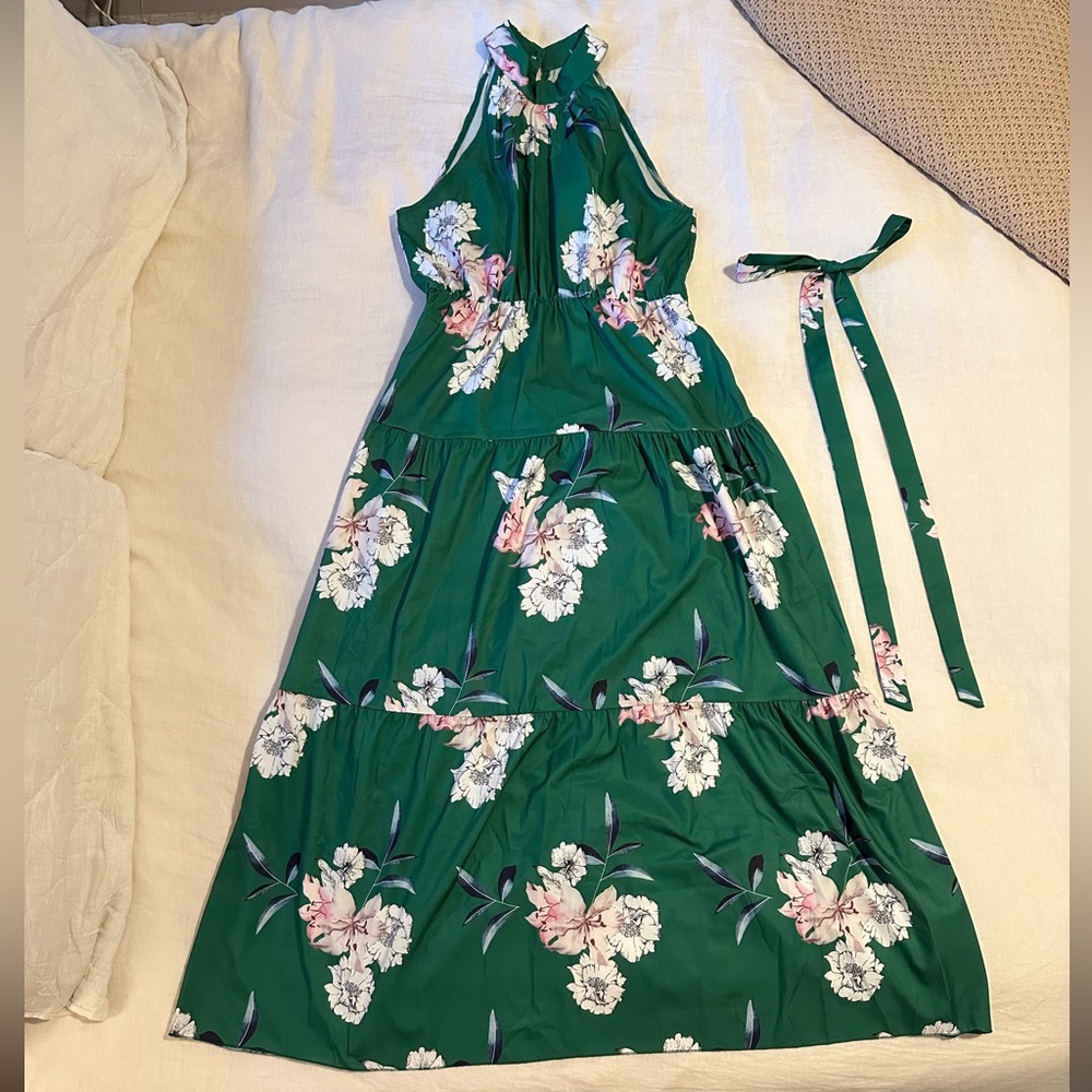 Green, floral, tea-length halter dress w/sash.